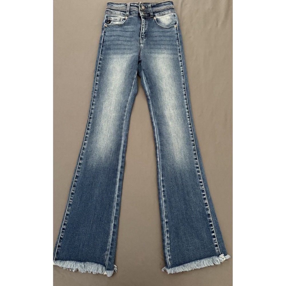 Kancan Jeans Womens Size 24 Flared Frayed Hem Dark Wash Stretchy High Rise Boho